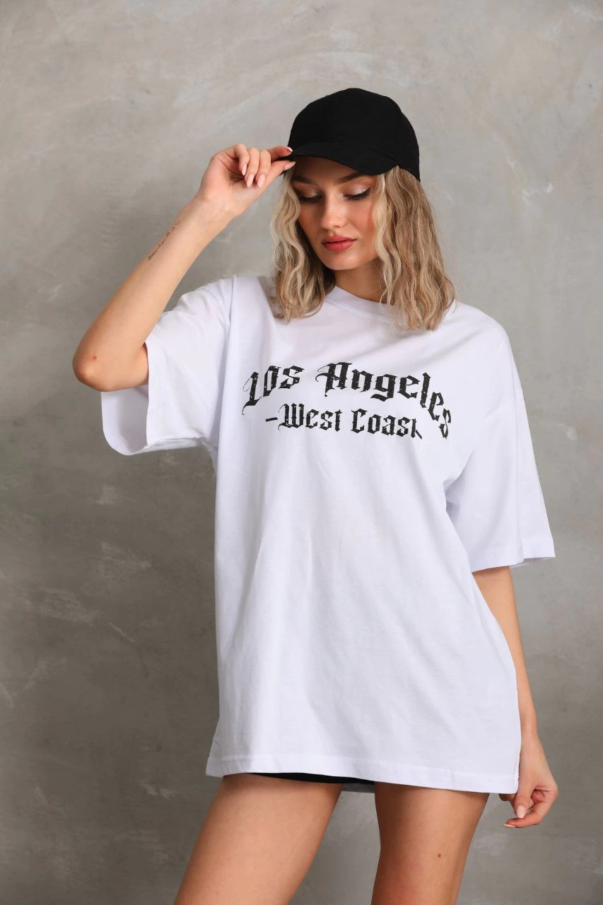 Kadın Baskılı Tişört Kısa Kol Bisiklet Yaka Oversize T-Shirt – Beyaz