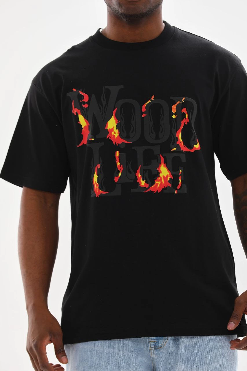 Erkek Baskılı T-Shirt Kısa Kol Bisiklet Yaka Rahat Kalıp Tişört – Siyah