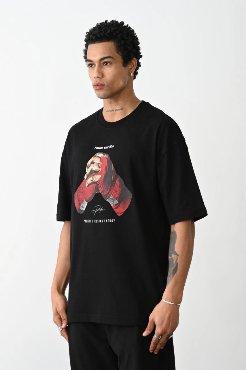 Erkek Boxy Eldiven Baskılı T-Shirt Kısa Kol Bisiklet Yaka Tişört – Siyah