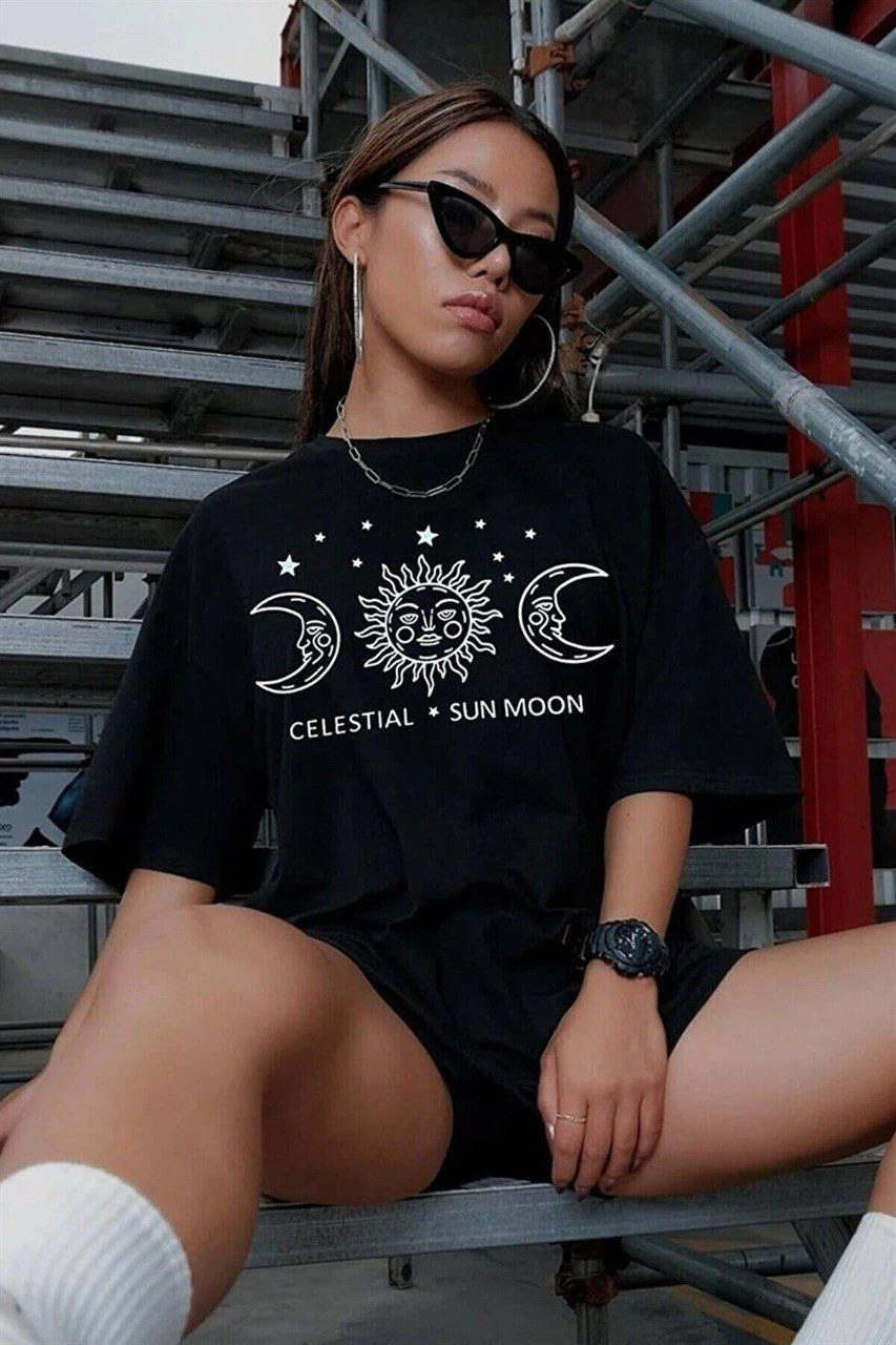 Kadın Baskılı T-Shirt Kısa Kol Bisiklet Yaka Oversize Rahat Kalıp Tişört – Siyah