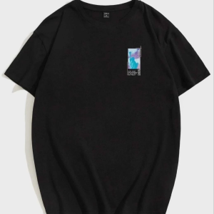 Kadın Baskılı T-Shirt Kısa Kol Bisiklet Yaka Oversize Rahat Kalıp Tişört – Siyah