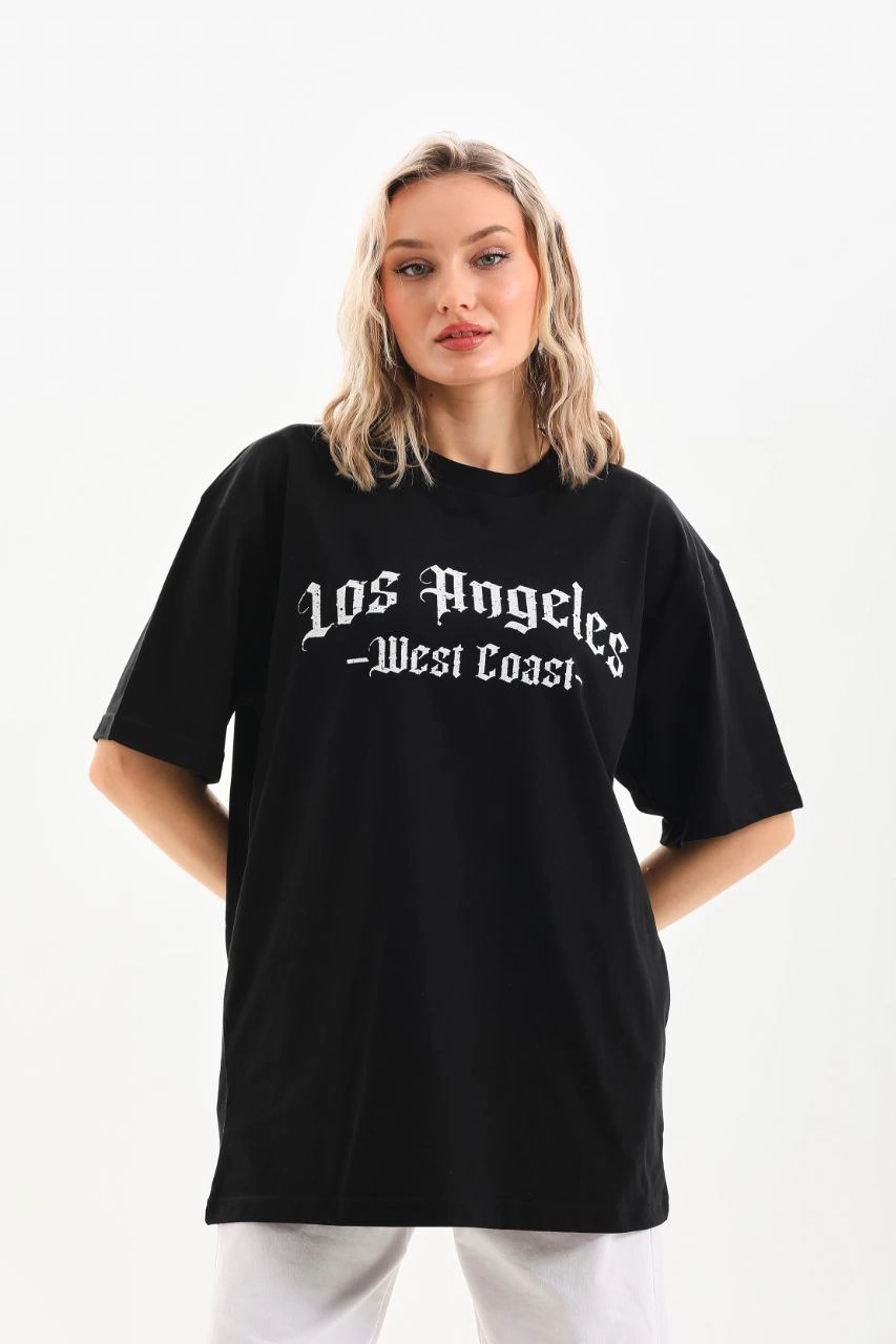 Kadın Baskılı Tişört Kısa Kol Bisiklet Yaka Oversize T-Shirt – Siyah