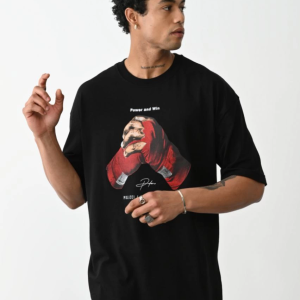 Erkek Boxy Eldiven Baskılı T-Shirt Kısa Kol Bisiklet Yaka Tişört – Siyah