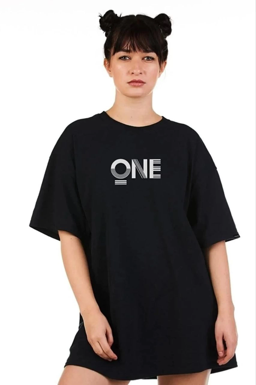 Kadın Baskılı T-Shirt Kısa Kol Bisiklet Yaka Oversize Rahat Kalıp Tişört – Siyah