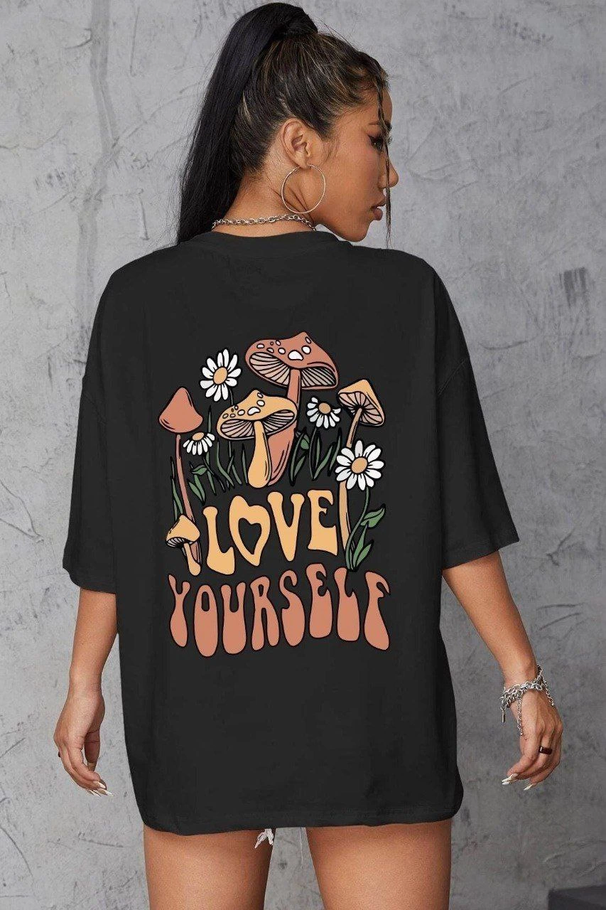 Kadın Baskılı Oversize kısa kol T-Shirt – Siyah