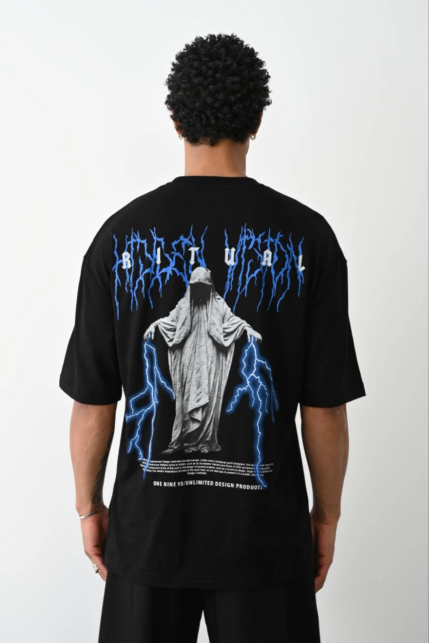 Erkek Baskılı Oversize Kısa kol T-Shirt – Siyah