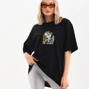 Kadın Baskılı T-Shirt Kısa Kol Bisiklet Yaka Oversize Rahat Kalıp Günlük Tişört – Siyah