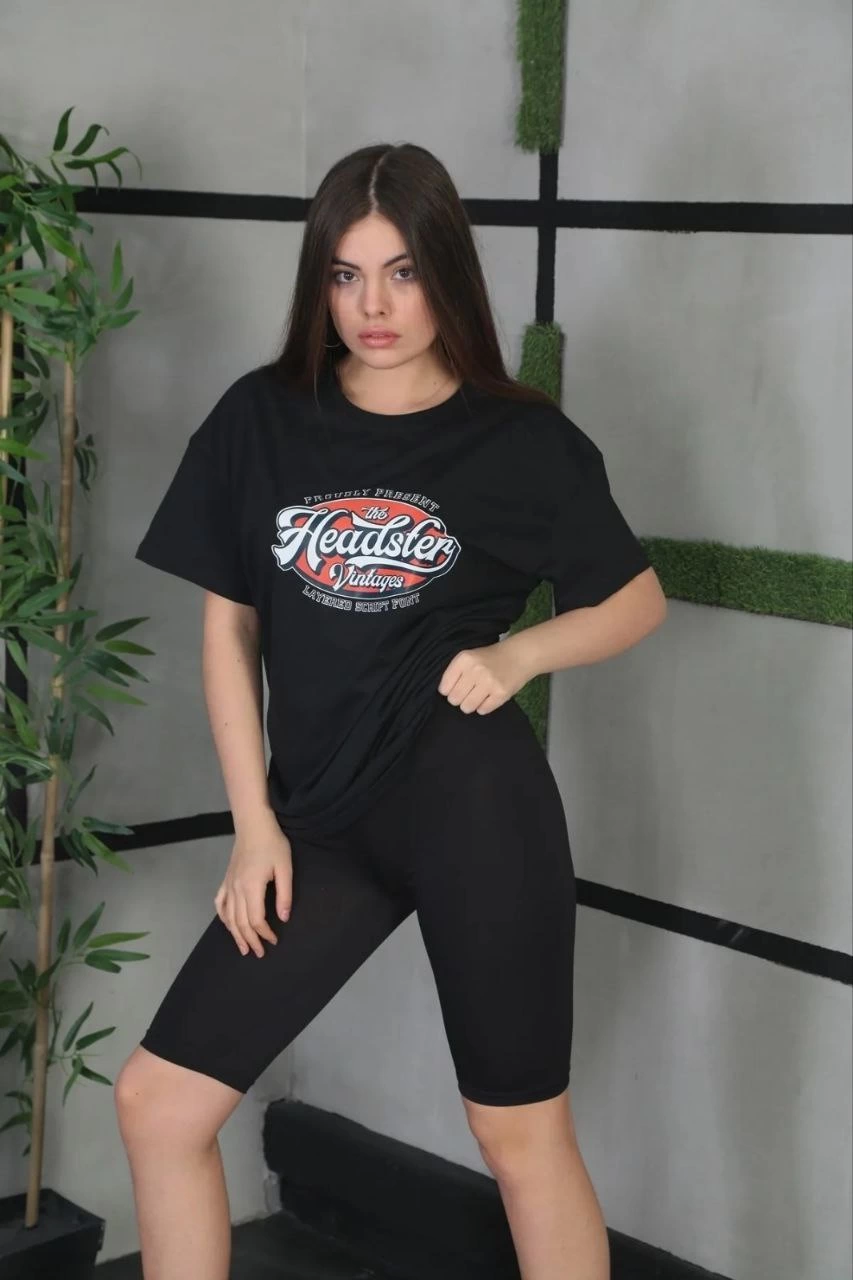 Kadın Kısa Kol Yazlık Tişört Bisiklet Yaka Baskılı Oversize T-Shirt – Siyah