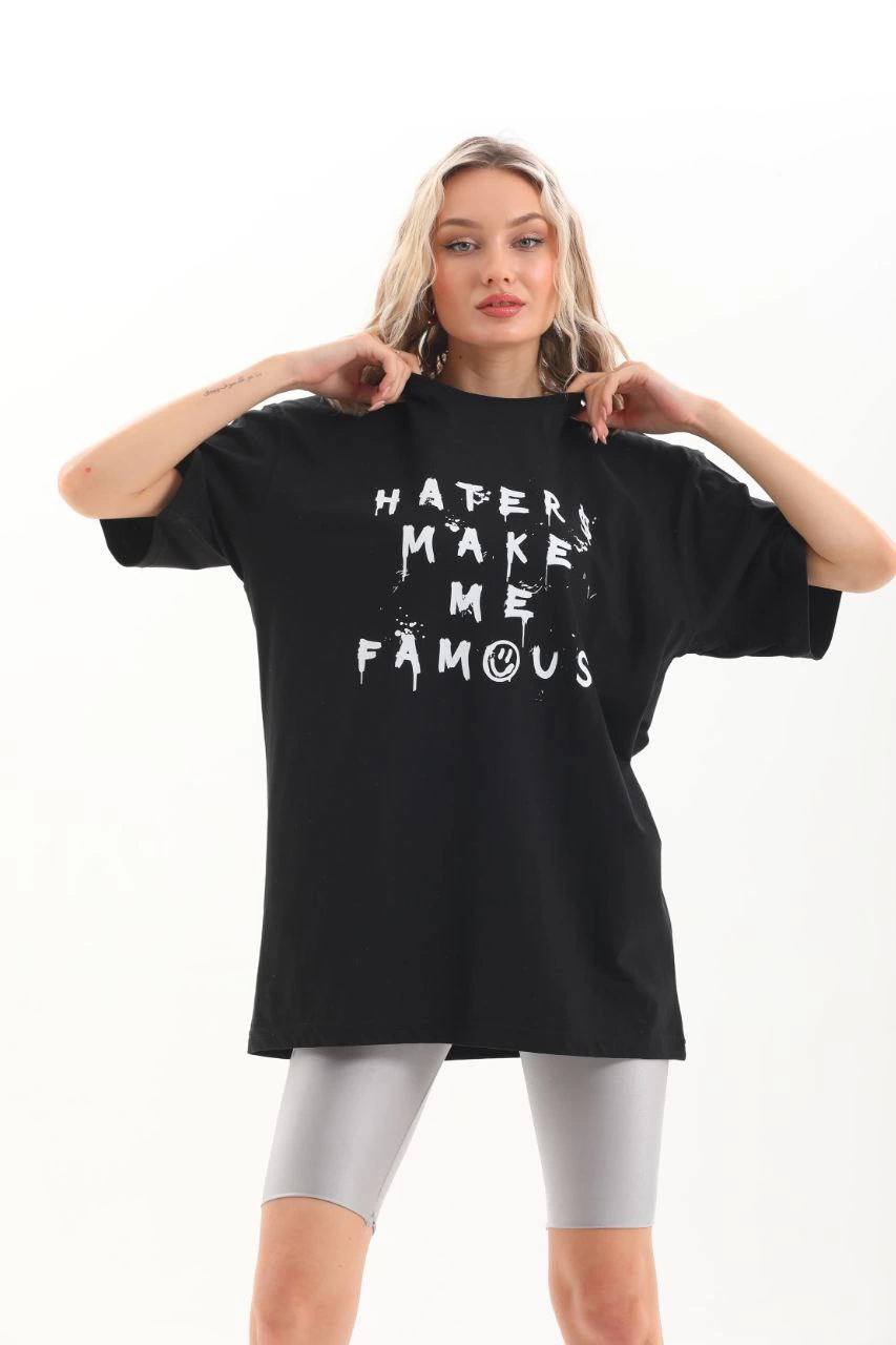 Kadın Kısa Kol Yazlık Tişört Bisiklet Yaka Baskılı Oversize T-Shirt – Siyah