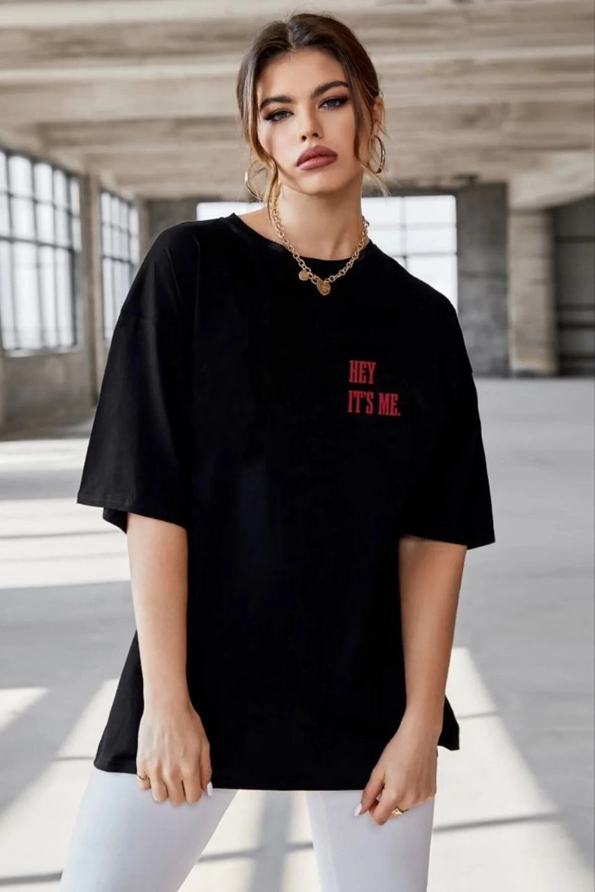 Kadın Baskılı T-Shirt Kısa Kol Bisiklet Yaka Oversize Rahat Kalıp Tişört – Siyah