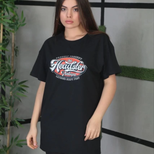 Kadın Kısa Kol Yazlık Tişört Bisiklet Yaka Baskılı Oversize T-Shirt – Siyah