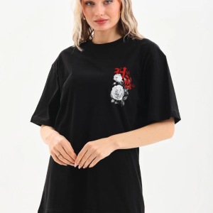 Kadın Kısa Kol Yazlık Tişört Bisiklet Yaka Baskılı Oversize T-Shirt – Siyah