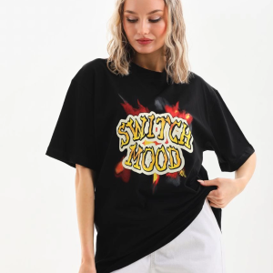 Kadın Kısa Kol Yazlık Tişört Bisiklet Yaka Ejderha Baskılı T-Shirt – Siyah