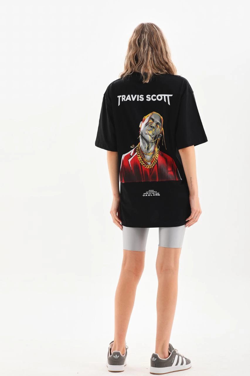 Kadın Baskılı T-Shirt Kısa Kol Bisiklet Yaka Oversize Rahat Kalıp Günlük Tişört – Siyah