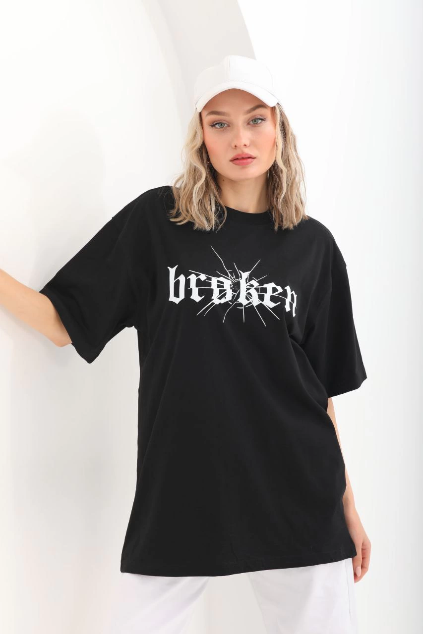 Kadın Kısa Kol Yazlık Tişört Bisiklet Yaka Baskılı Oversize T-Shirt – Siyah