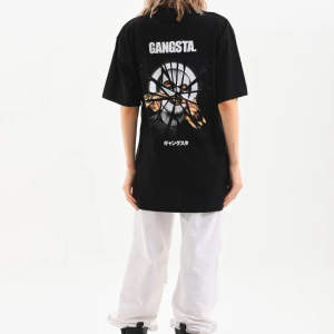 Kadın Kısa Kol Yazlık Tişört Bisiklet Yaka Baskılı Oversize T-Shirt – Siyah