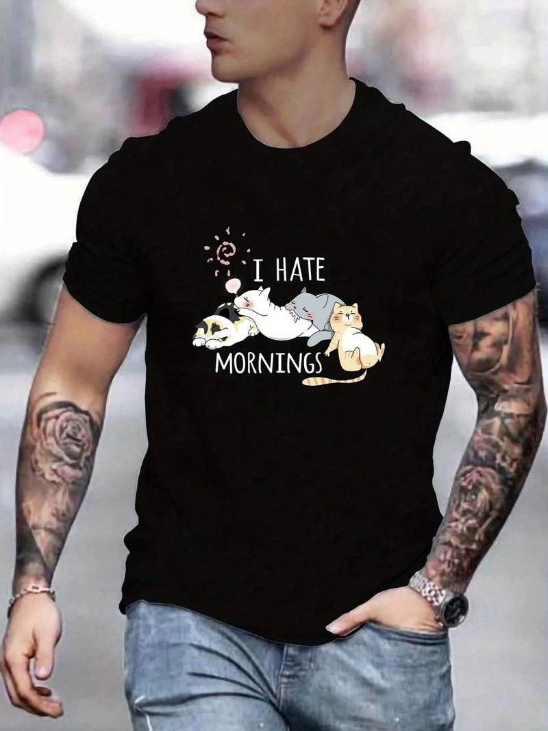 Erkek Baskılı T-Shirt Kısa Kol Bisiklet Yaka Regular Fit Rahat Kalıp Günlük Tişört – Siyah