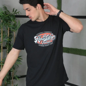 Erkek Baskılı T-Shirt Kısa Kol Bisiklet Yaka Regular Fit Rahat Kalıp Günlük Tişört – Siyah