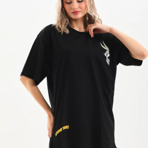 Kadın Kısa Kol Yazlık Tişört Bisiklet Yaka Baskılı Oversize T-Shirt – Siyah