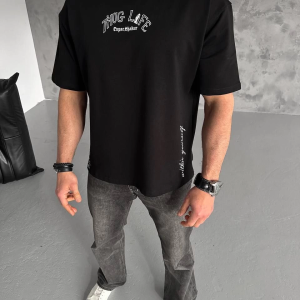 Erkek Kısa Kol Tişört Bisiklet Yaka Filistin Poşulu Baskılı T-Shirt – Siyah