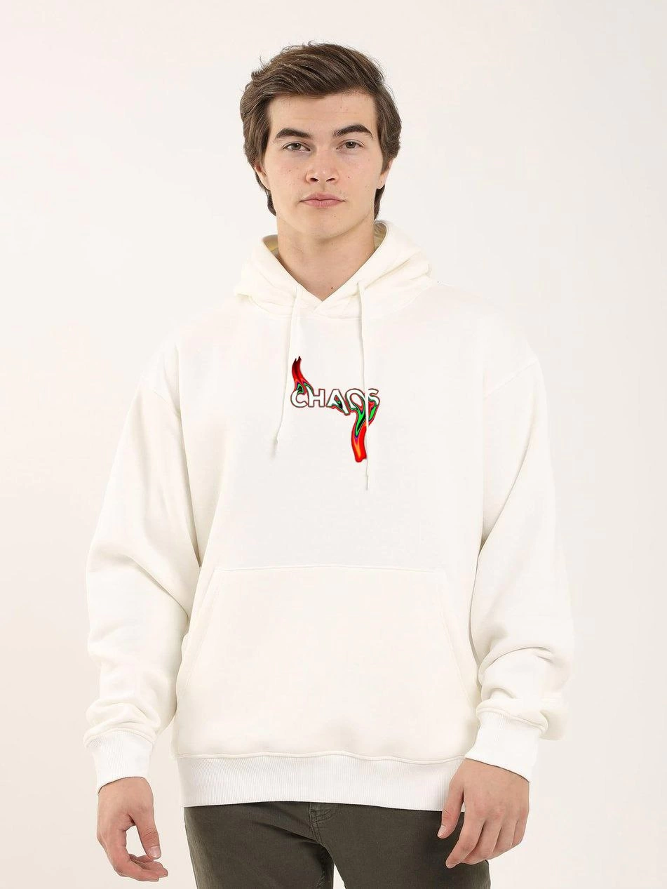 Erkek 3 İplik Pamuklu Kapüşonlu Baskılı Cepli Oversize Sweatshirt Hoodie – Beyaz