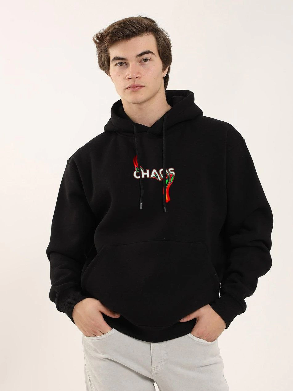 Erkek 3 İplik Pamuklu Kapüşonlu Baskılı Cepli Oversize Sweatshirt Hoodie – Siyah