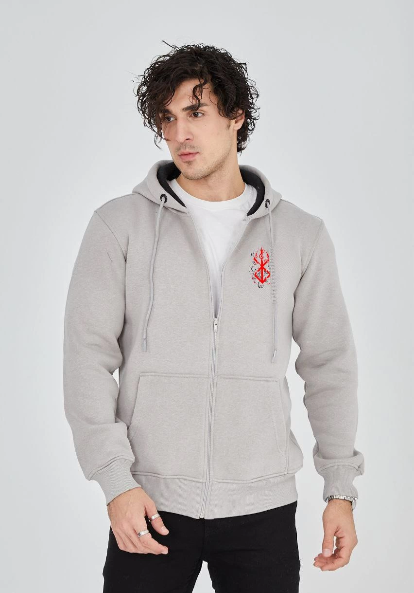 Erkek 3 İplik Pamuklu Kapüşonlu Tam Fermuarlı Cepli Hoodie Sweatshirt – Boyalı Gri