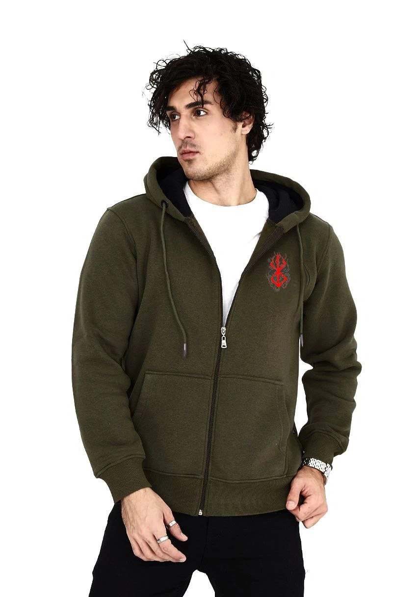 Erkek 3 İplik Pamuklu Kapüşonlu Tam Fermuarlı Cepli Hoodie Sweatshirt – Haki