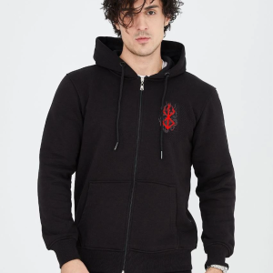 Erkek 3 İplik Pamuklu Kapüşonlu Tam Fermuarlı Cepli Hoodie Sweatshirt – Siyah