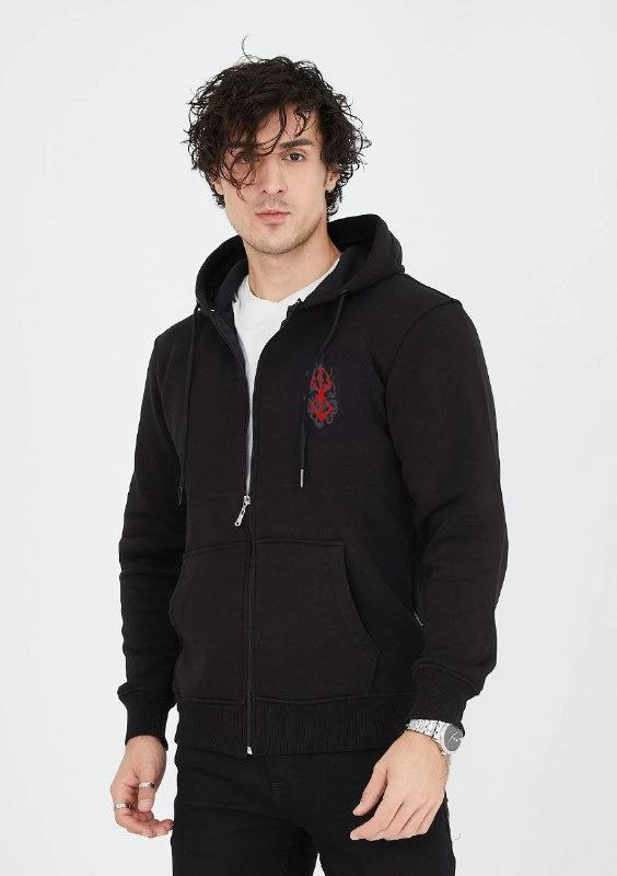 Erkek 3 İplik Pamuklu Kapüşonlu Tam Fermuarlı Cepli Hoodie Sweatshirt – Siyah