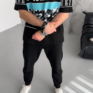 Erkek Baskılı Yarım Fermuarlı  Kısa kol T-Shirt – Siyah