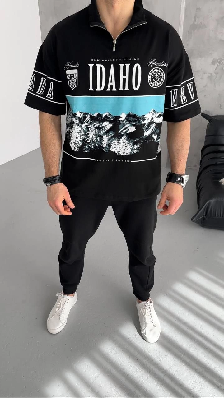Erkek Baskılı Yarım Fermuarlı  Kısa kol T-Shirt – Siyah