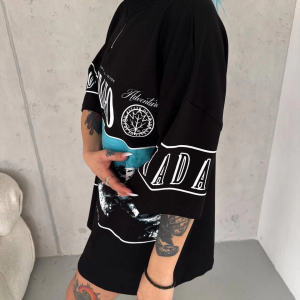 Kadın Baskılı Yarım Fermuarlı Kısa kol T-Shirt – Siyah