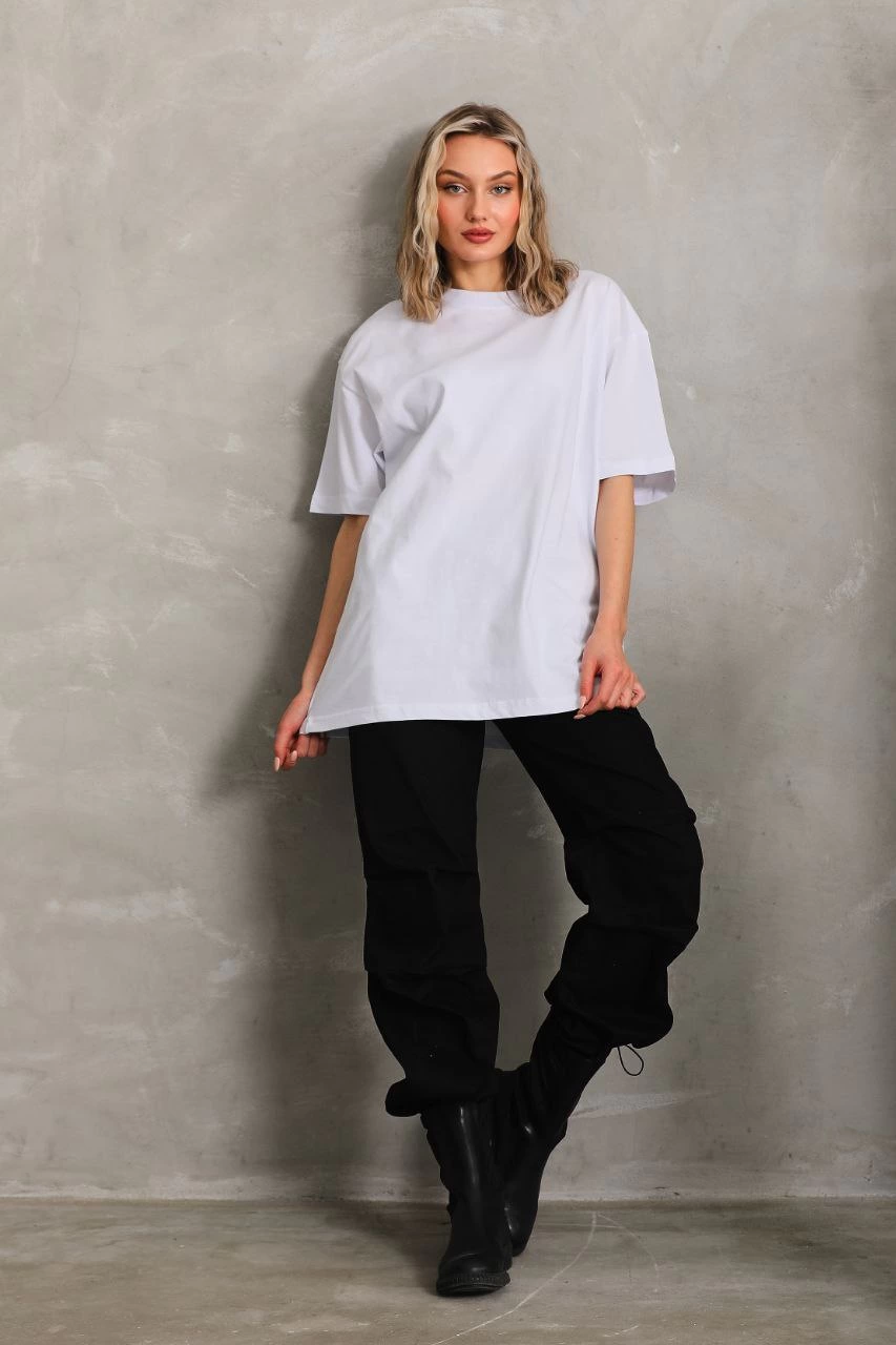 Kadın Düz  Kısa kol Penye T-shirt – Beyaz