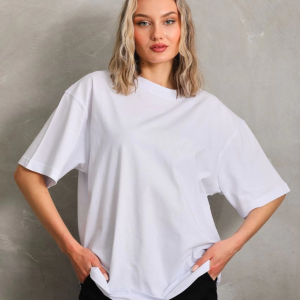 Kadın Düz  Kısa kol Penye T-shirt – Beyaz