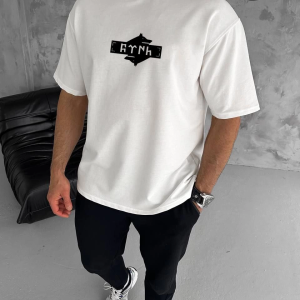 Erkek Kısa Kol Yazlık Tişört Bisiklet Yaka Baskılı Oversize T-Shirt – Beyaz