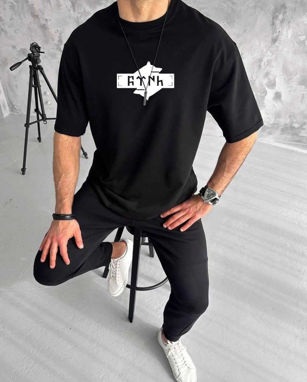 Erkek Kısa Kol Yazlık Tişört Bisiklet Yaka Baskılı Oversize T-Shirt – Siyah