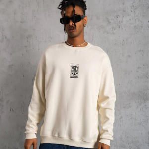 ERKEK 3 İplik Pamuklu Bisiklet Yaka Baskılı Oversize Sweatshirt – Beyaz