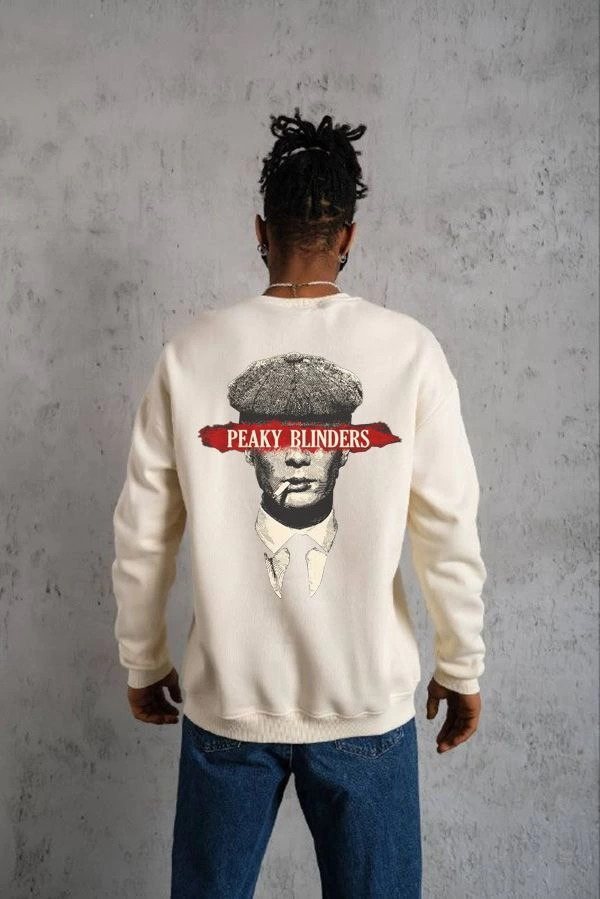 ERKEK 3 İplik Pamuklu Bisiklet Yaka Baskılı Oversize Sweatshirt – Beyaz
