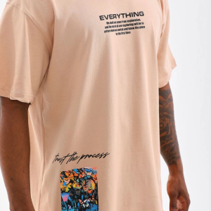 Erkek Bisiklet Yaka Baskılı Oversize T-Shirt – Bej
