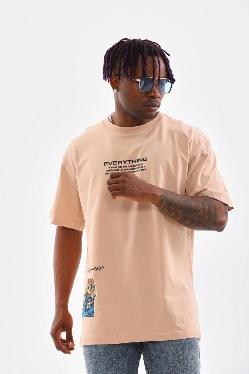 Erkek Bisiklet Yaka Baskılı Oversize T-Shirt – Bej