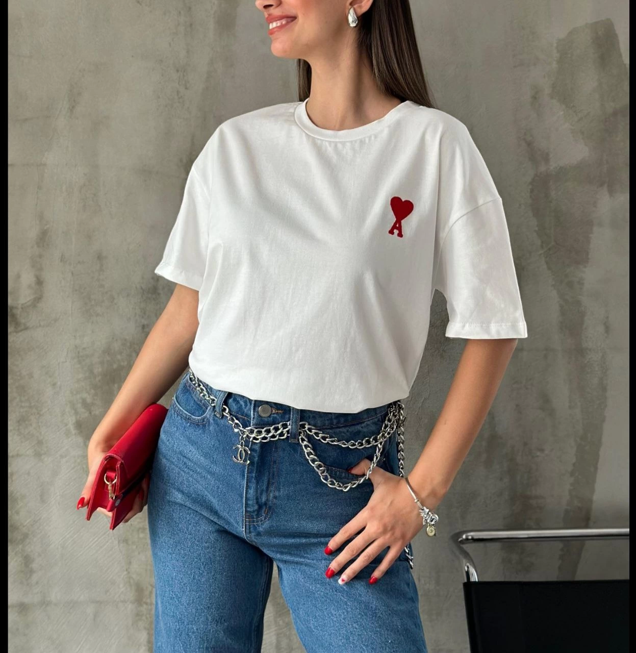 Kadın Tişört Bisiklet Yaka Baskılı Oversize Kısa Kol T-Shirt – Beyaz
