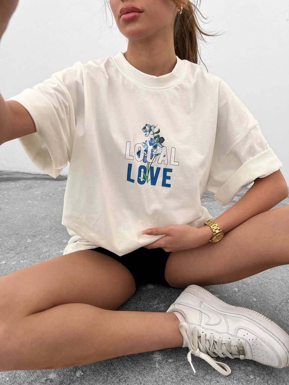 kadın Bisiklet Yaka Baskılı oversize Kısa kol T-Shirt – Beyaz