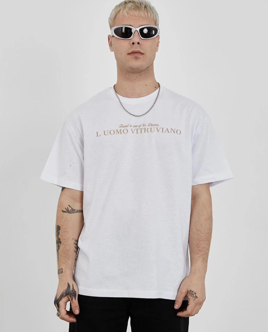 Erkek Bisiklet Yaka Tişort Baskılı Oversize kısa kol T-Shirt – Beyaz