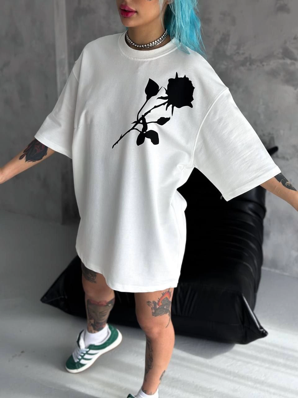 kadın Bisiklet Yaka Baskılı Oversize Kısa kol T-Shirt – Beyaz