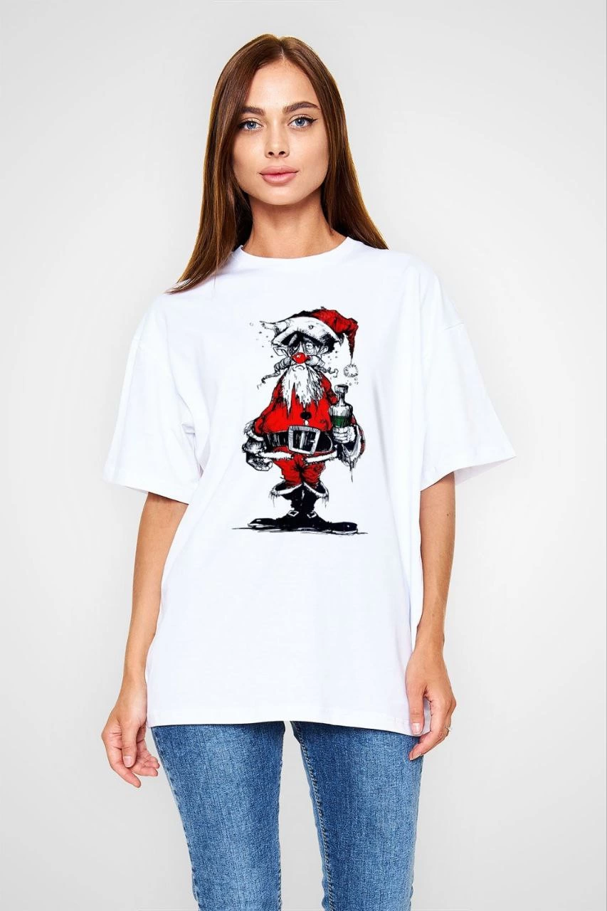 kadın Bisiklet Yaka Baskılı Kısa kol Oversize T-Shirt – Beyaz