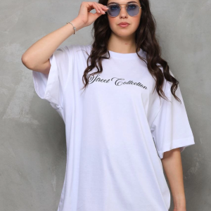 Kadın Baskılı T-Shirt Kısa Kol Bisiklet Yaka Oversize Rahat Kalıp Günlük Tişört – Beyaz