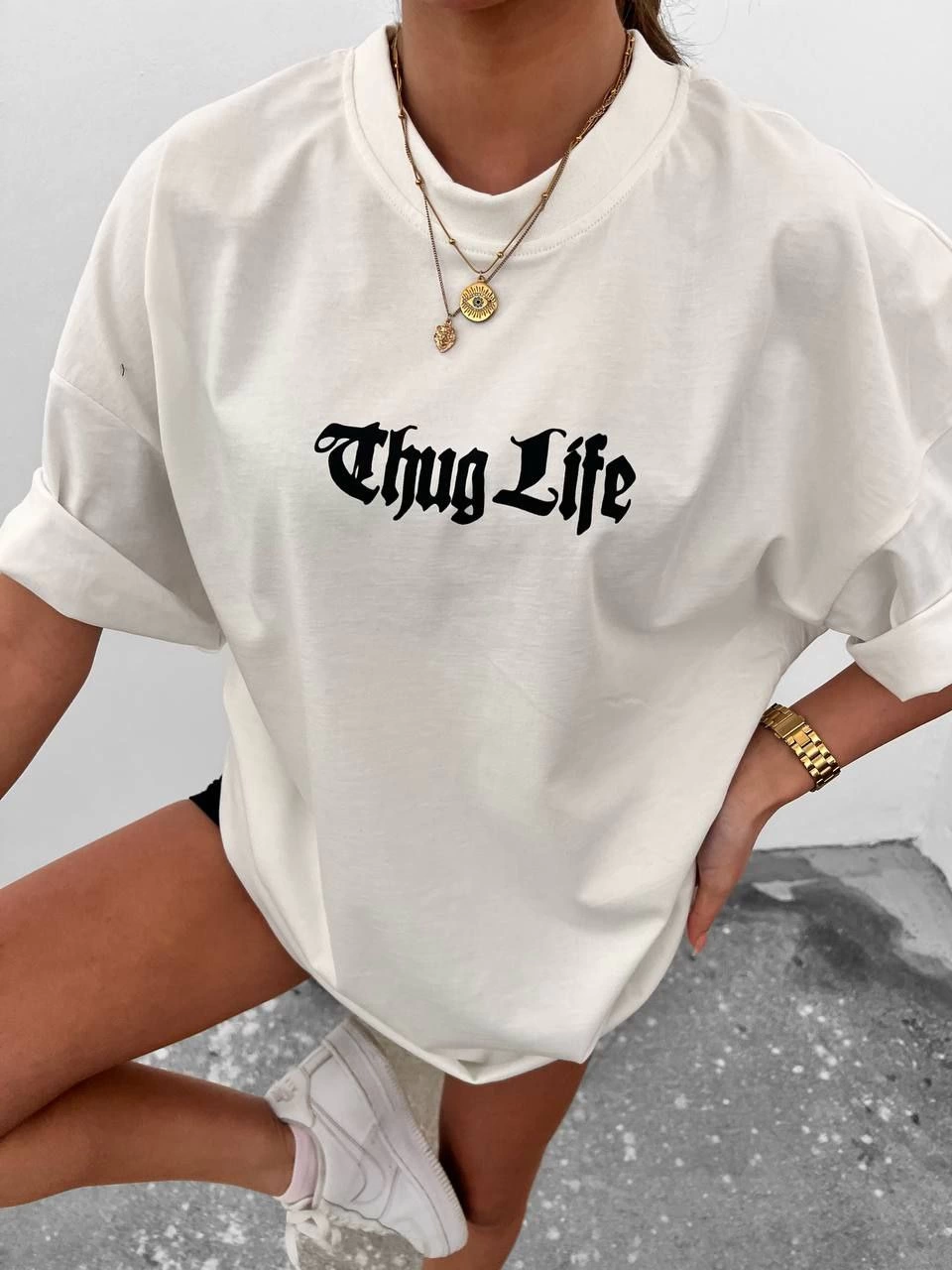 Kadın Bisiklet Yaka Baskılı Oversize Kısa kol T-Shirt – Beyaz