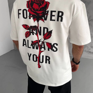 Erkek Kısa Kol Tişört Bisiklet Yaka GÜL Baskılı Oversize T-Shirt – Beyaz