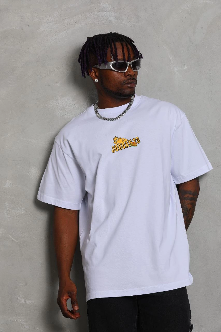 Erkek Kısa Kol Yazlık Tişört Bisiklet Yaka Baskılı Oversize T-Shirt – Beyaz